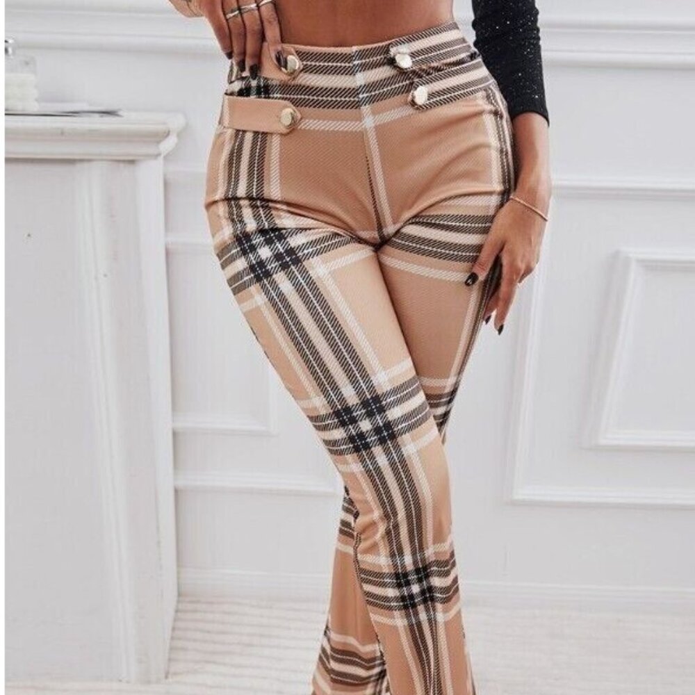 Women Dress Pants Size S Brown Striped Print High Waist Leg Straigth Stretch - Picture 3 of 16